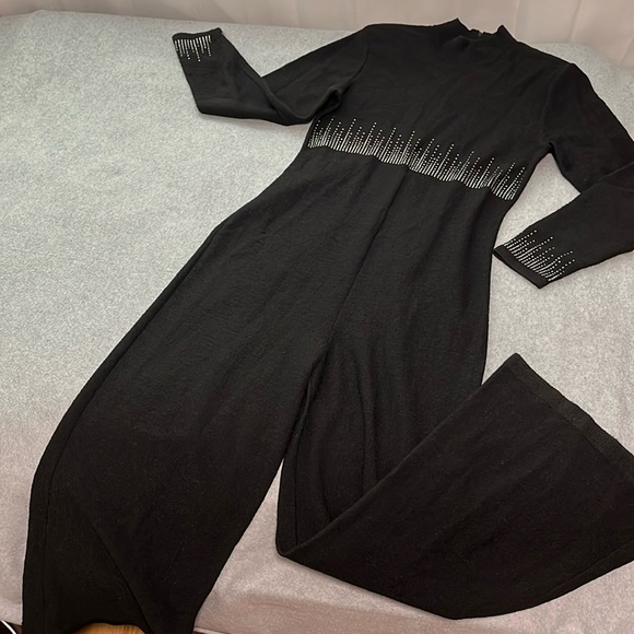 Vintage Black Wide Leg Jumpsuit Large Mod Disco Whimsigoth Designer - Picture 13 of 13